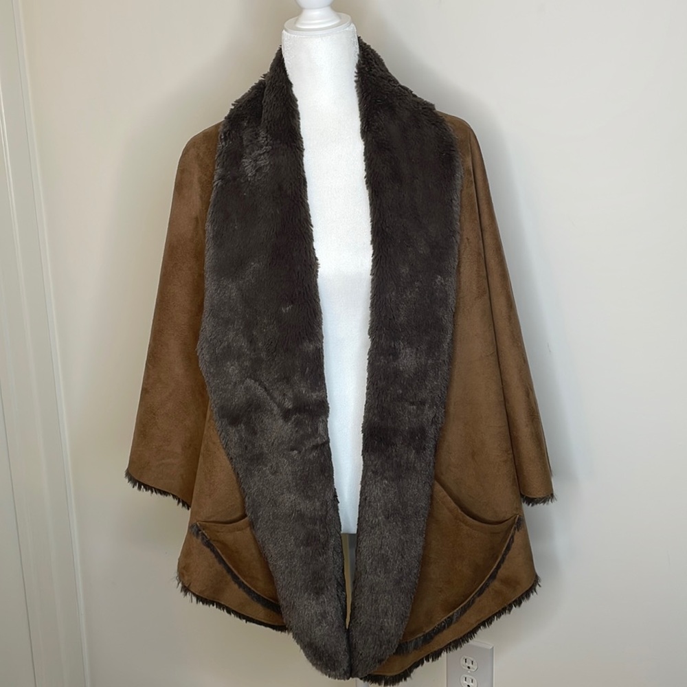 Katie Todd - Suede and Faux Sherpa - Tan and Brown Shawl